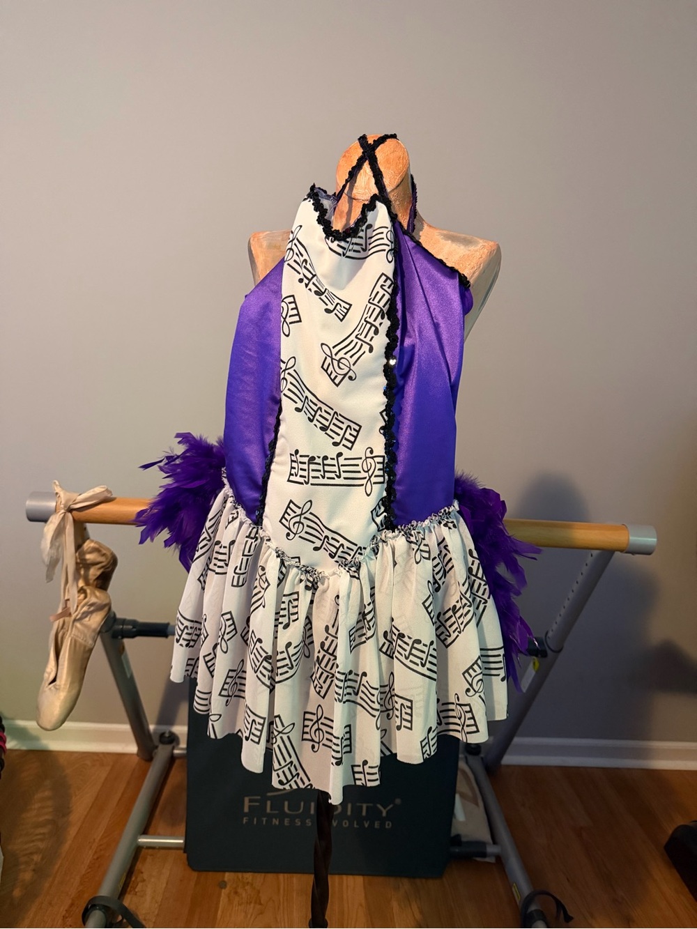 Purple Dance Costume music notes black sequins feathers marabou bustle jazz tap